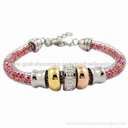 Mesh stainless steel bracelets with red crystals inside, gold and IP rose gold plating
